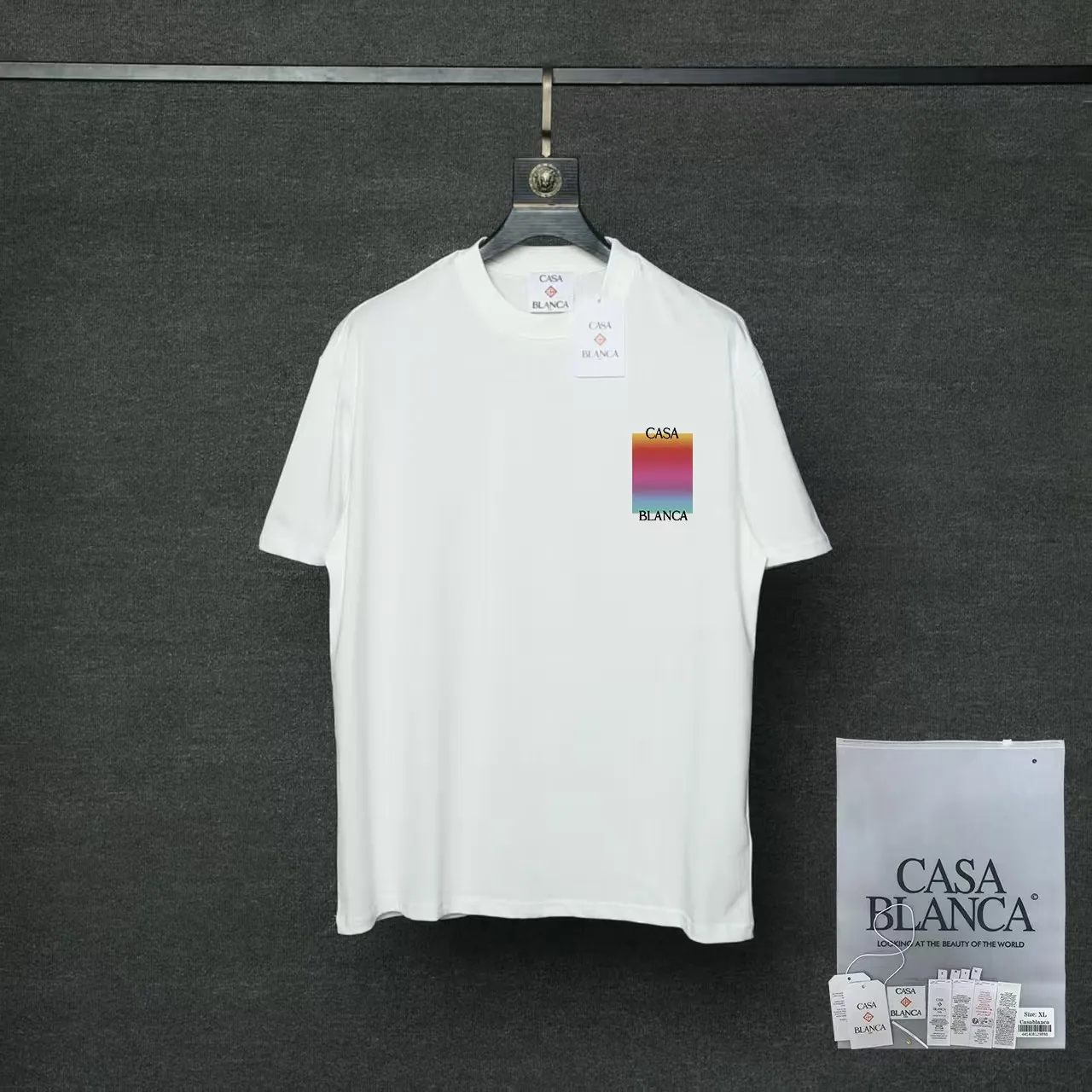 26ss CASABLANCA original printing process short-sleeved T-shirt original development using high-density double yarn pure cotton fabric upper body soft and comfortable color Black White Dark Green color Orange Pink Blue Royal Blue color cigarette powder 8 colors Sizes S M L XL